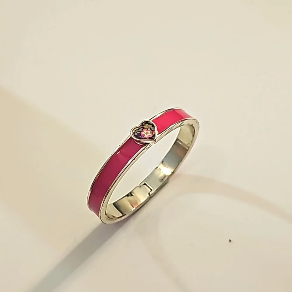 Vintage Vera Bradley Silver Tone Heart Theme Pink Enamel Hinged Bangle Bracelet.